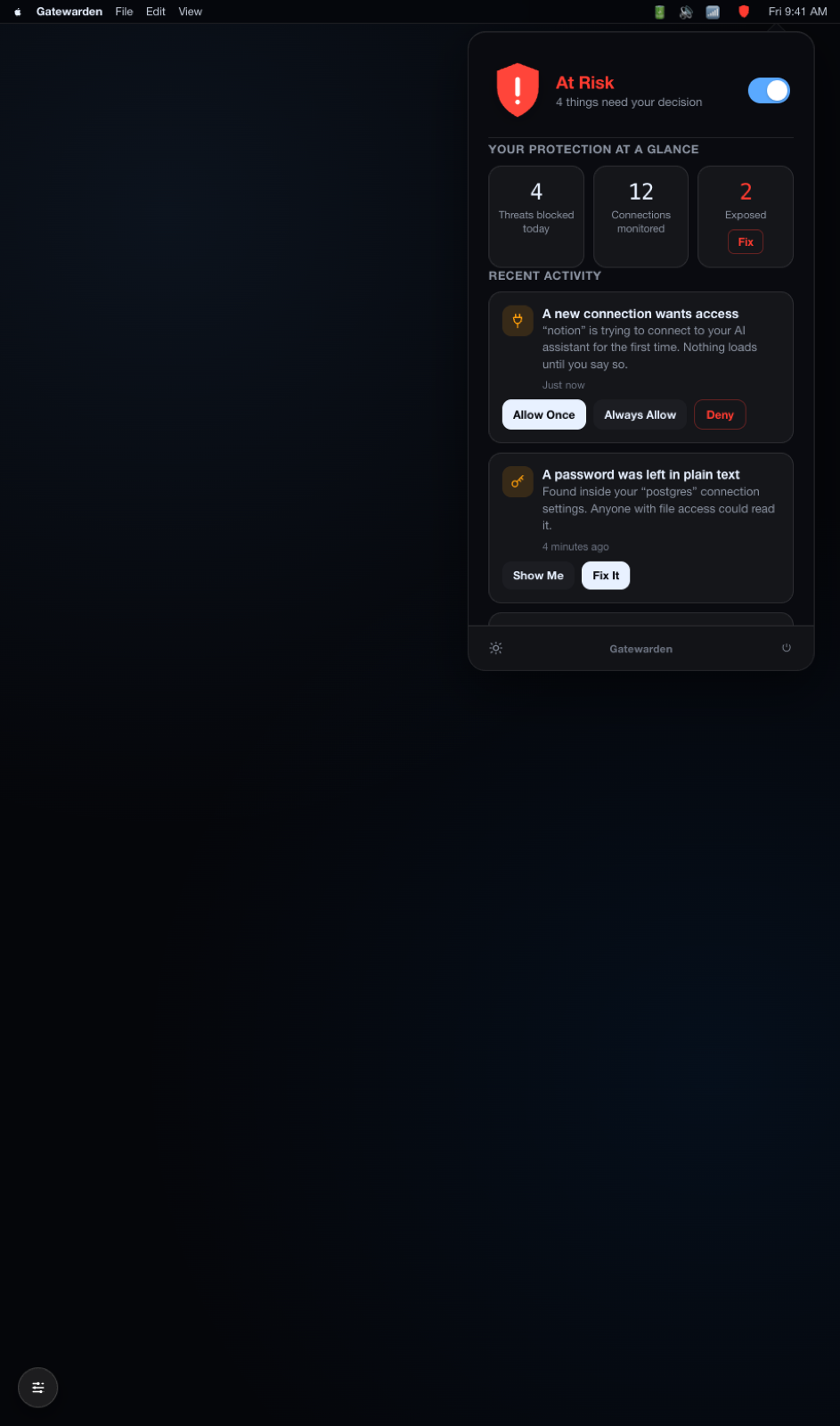 Gatewarden menu-bar app: protection dashboard with threats blocked, connections monitored and pending decisions